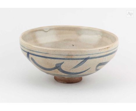 † WILLIAM STAITE MURRAY (1881-1962); a stoneware bowl covered in pale grey glaze with cobalt decoration, impressed M mark, di