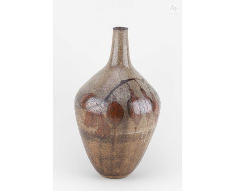 † WILLIAM STAITE MURRAY (1881-1962); a stoneware bottle covered in mottled grey and iron glaze with tenmoku breaking to kaki 