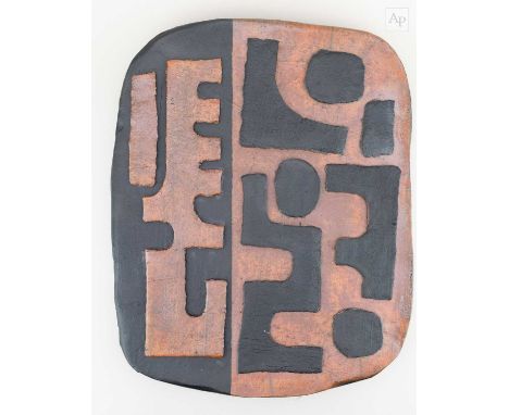 SUE HANNA (born 1963); a wall piece comprising a large burnished raku plaque decorated with a geometric kuba pattern inspired