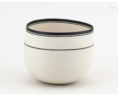 † NICHOLAS HOMOKY (born 1950); a polished and unglazed porcelain bowl inlaid with black oxide linear decoration, impressed NH