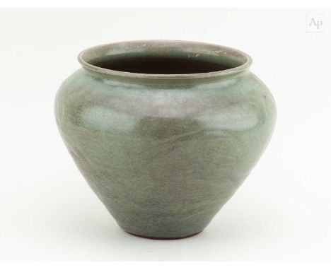 † JAMES WALFORD (1913-2003); a stoneware jardiniere covered in green ash glaze, impressed JW mark, height 18.5cm, diameter 22