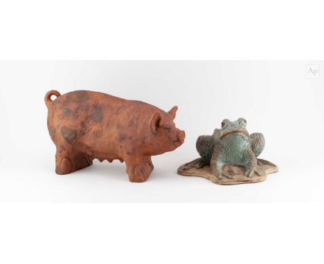 † BERNARD ROOKE (born 1938); a large stoneware sculpture of a pig, pottery sticker, length 39.5cm, and a smaller sculpture of