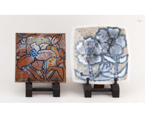 † FRANK HAMER; 'Hypericum Greyii', a square stoneware dish/wall hanging decorated with flowers, inscribed signature and potte