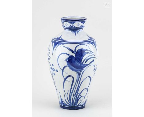 † LAURENCE McGOWAN (born 1942); a Maiolica style stoneware bottle decorated with birds and flowers, painted McG and year mark