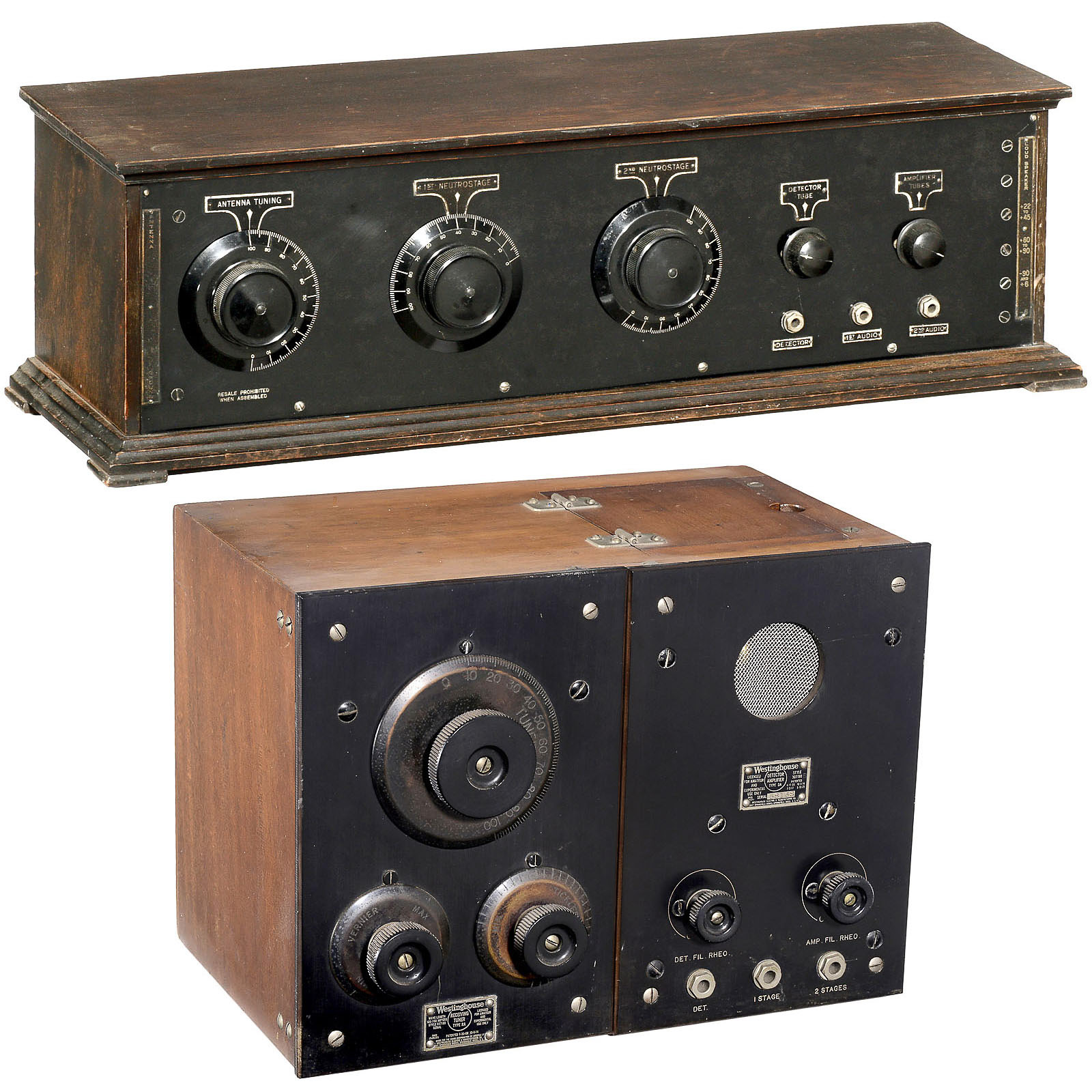 2 Early American Tube Radios 1) Westinghouse radio set, c. 1921, type RA + DA, serial no. 58168,