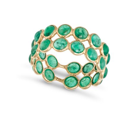 A DOUBLE EMERALD ETERNITY RING in 14ct yellow gold, set all around with two rows of round cabochon cut emeralds, stamped 14K,