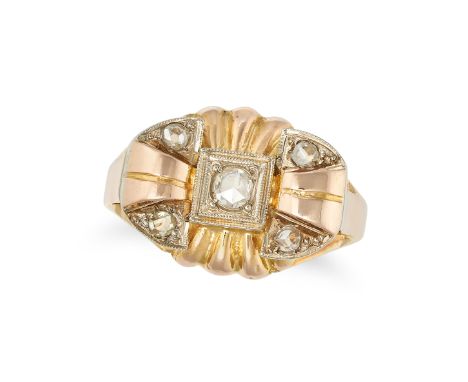 A RETRO DIAMOND RING in 18ct yellow gold, the scrolling face set with rose cut diamonds, stamped 750, size R / 8.5, 4.0g.&nbs