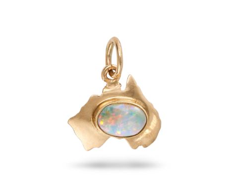 NO RESERVE - AN OPAL CHARM / PENDANT in 10ct yellow gold, designed as Australia, set to the centre with a cabochon cut opal, 