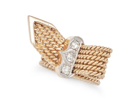 A VINTAGE DIAMOND BELT RING in 18ct yellow gold, designed as a belt made of twisted ropework, the buckle set with single cut 