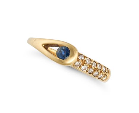 A SAPPHIRE AND DIAMOND RING in 18ct yellow gold, set with a round cut sapphire accented by round cut diamonds,&nbsp;British i