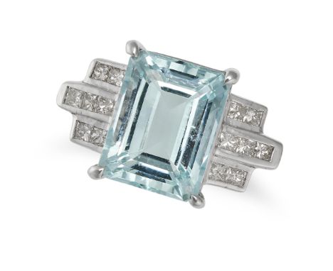 AN AQUAMARINE AND DIAMOND DRESS RING in 18ct white gold, set with a rectangular step cut aquamarine of 5.31 carats, the geome