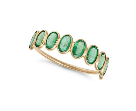 AN EMERALD HALF ETERNITY RING in 14ct yellow gold, set with a row of oval cut emeralds, stamped 14K, size N1/2 / 7, 1.1g. 