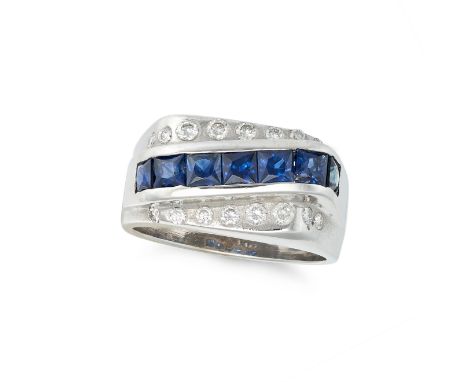 A SAPPHIRE AND DIAMOND RING in 14ct white gold, set with a row of square step cut sapphires, accented by rows of round brilli