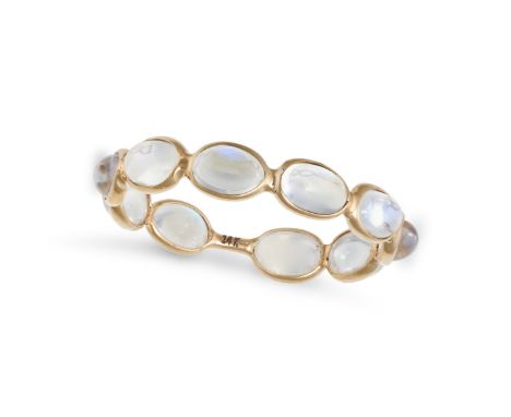 A RAINBOW MOONSTONE ETERNITY RING in 14ct yellow gold, set all around with a row of oval cabochon cut rainbow moonstones (lab