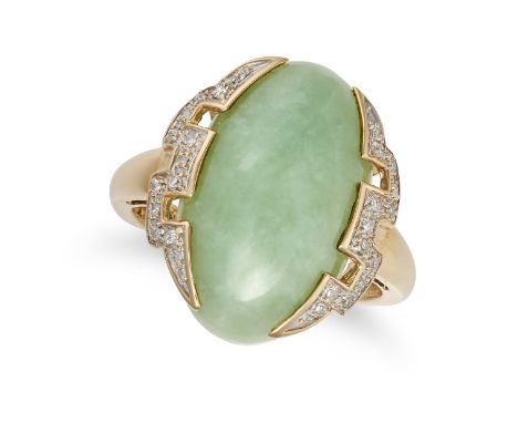 A JADEITE JADE AND DIAMOND RING in 9ct yellow gold,&nbsp;set with an oval cabochon jadeite jade, accented by round cut diamon