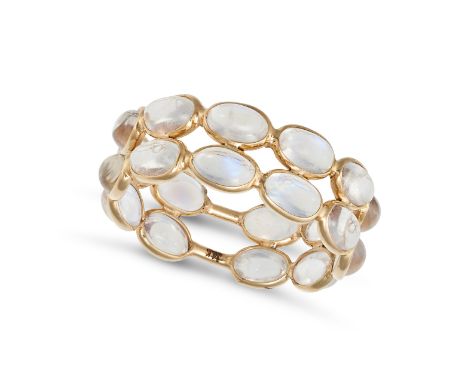 A DOUBLE RAINBOW MOONSTONE ETERNITY RING in 14ct yellow gold, set all around with two rows of oval cabochon cut rainbow moons