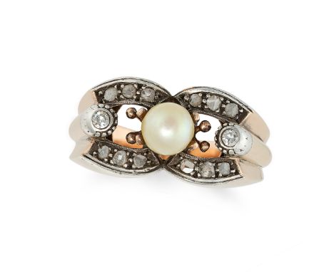 A DIAMOND AND PEARL RING in rose gold, set with a pearl of 5.4mm, accented by single and rose cut diamonds, marked indistinct