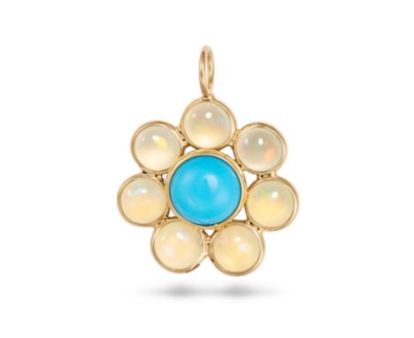 A TURQUOISE AND OPAL PENDANT in 18ct yellow gold, set with a round cabochon turquoise in a cluster of cabochon opals, stamped