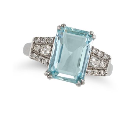 AN AQUAMARINE AND DIAMOND DRESS RING in 18ct white gold, set with an octagonal step cut aquamarine of approximately 3.00 cara