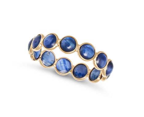 A SAPPHIRE ETERNITY RING in 14ct yellow gold, set all around with a row of round cabochon cut sapphires, stamped 14K, size N1