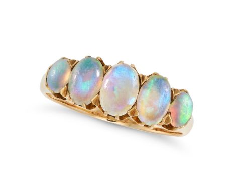 AN ANTIQUE FIVE STONE OPAL RING in yellow gold, set with five cabochon opals, no assay marks, size K1/2 / 5.5, 3.3g. 