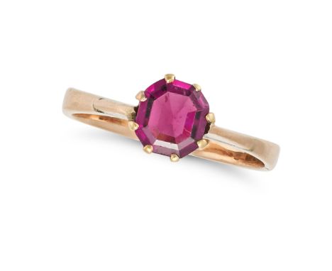 A GARNET RING in 18ct yellow gold, set with an octagonal step cut garnet, stamped 18CT, size Q1/2 &nbsp;/ 8.25, 2.5g.&nbsp;