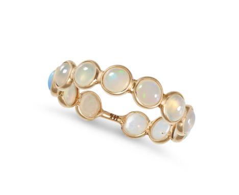 AN OPAL ETERNITY RING in 14ct yellow gold, set all around with a row of round cabochon cut opals, stamped 14K, size M1/2 / 6.