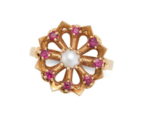 NO RESERVE - A PEARL AND RUBY CLUSTER RING in 9ct yellow gold, designed as a stylised flower set with a pearl accented by rou