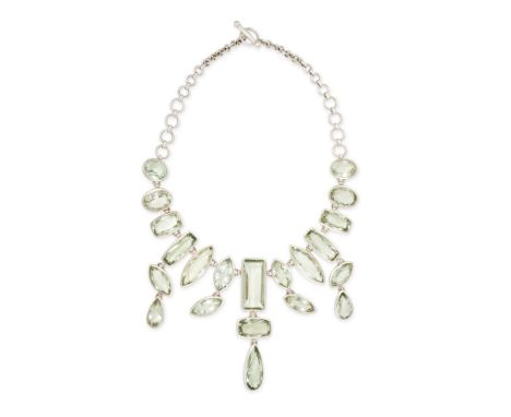A LARGE PRASIOLITE FRINGE NECKLACE in silver, comprising a graduated row of oval, cushion, marquise and octagonal step cut pr