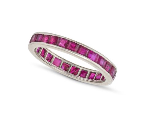 NO RESERVE - A RUBY ETERNITY RING in white gold, set all around with a row of square step cut rubies, no assay marks, size M 