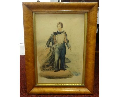 A 19th watercolour portrait Lord Byron (politician, poet, peer, nobleman 1788-1824), unsigned in original maple frame, 48cm x