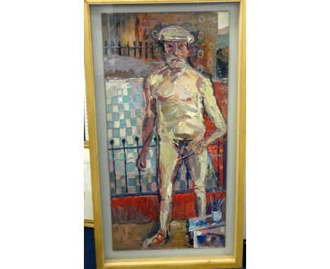 Fred Yates (1922-2008) a large and rare impasto oil on canvas, laid on board 'Nude Self Portrait', 119cm x 56cm, housed in a 