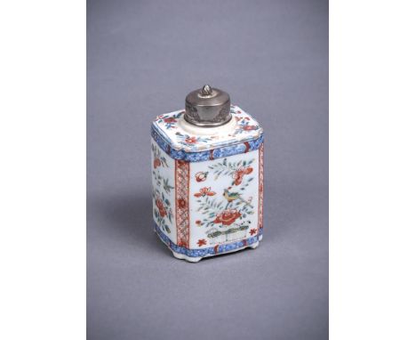 A Chinese Dutch decorated tea caddy, Kangxi, painted with panels of birds and flowers, 12cm high including silver metal lidPr