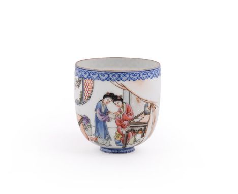 A Chinese Famille Rose tea cup, Republican Period (1912-1949), with iron-red Shilu mark, finely decorated with two ladies rea