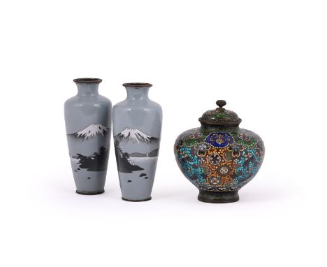 A Pair of Japanese Cloisonné Enamel Vases, each of tapered, slender form with a waisted cylindrical neck and everted mouth, d