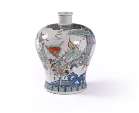 A large Chinese Famille Verte vase, late 19th century, painted with the warrior scene from the Romance of Three Kingdoms, 33c