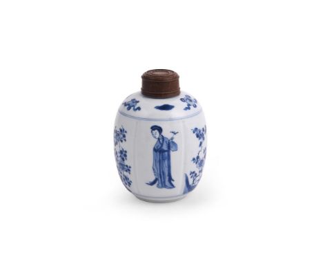 A Chinese blue and white small jar, Kangxi, of lobed form, painted with alternating figures of ladies and flowers, the base w