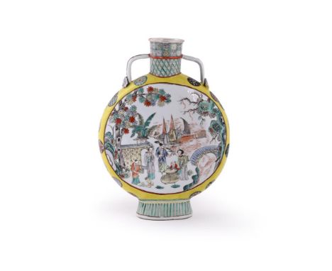 A Chinese Famille Rose moon flask, 19th century, painted to the central medallion on one side with warrior scene and the reve