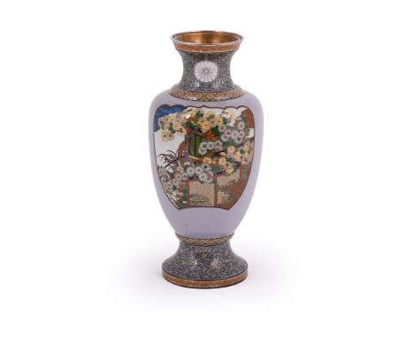 KAWAGUCHI BUNZAEMON: A Japanese Cloisonné Enamel Presentation Vase, the body of tapered form resting on a broad, splayed foot