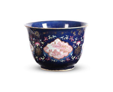 A large Chinese Famille Rose blue-ground enamelled jardinière, Qing Dynasty, late 18th or 19th century, with alternating pink
