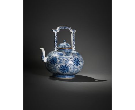 A large Chinese blue and white teapot or winepot, Kangxi, with square handle, and distinctive painted floral and scroll desig