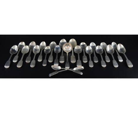 Selection of William IV and later fiddle pattern teaspoons and a sauce ladle, various dates and marks, 15oz, 466g,
