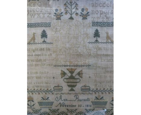 19th century sampler by Ann Burnetl dated November 22 1836, 30cm by 33cm 