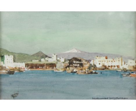 Norman Wilkinson watercolour a Mediterranean port signed lower right  12x18cm