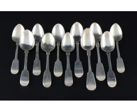 Two Russian silver fiddle pattern teaspoons and nine other English silver fiddle pattern teaspoons, various dates and marks, 