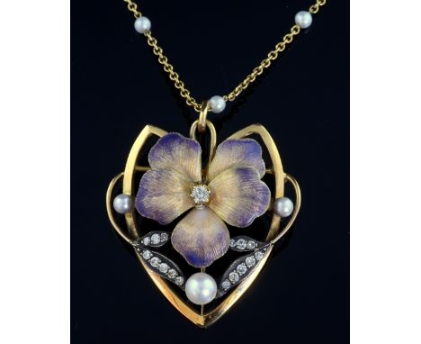 Enamel flower diamond set pendant brooch. comprising a purple to yellow coloured enamel flower,. a round brilliant cut diamon