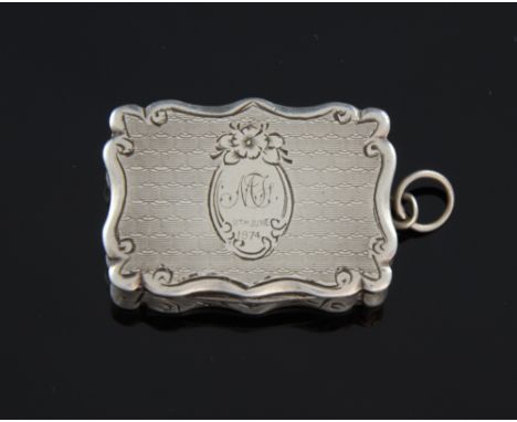 Victorian silver serpentine vinaigrette with engine turned decoration, by James Fenton, Birmingham, 1869,  