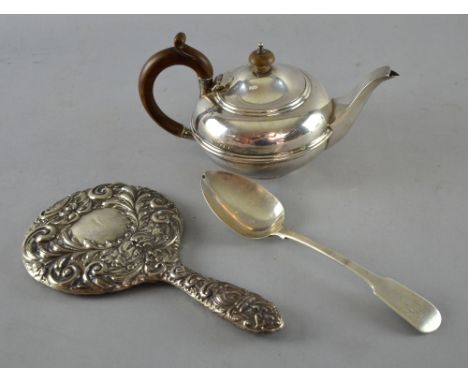 Silver teapot of rounded form with boxwood handle and knop London 1921, Georgian silver fiddle pattern table spoon - 11 ozs a