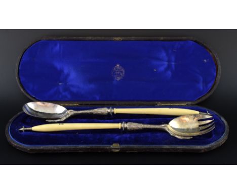 Victorian silver and ivory handled salad servers with bird's claw and feather decoration, by Chawner & Co., London, 1872, in 