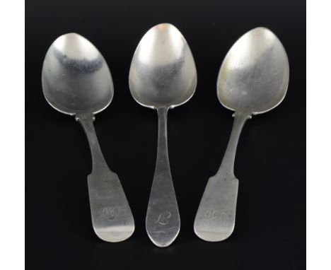 Pair of 19th century Scottish provincial silver fiddle pattern tablespoons, by Alexander Macleod, Inverness, and another Old 
